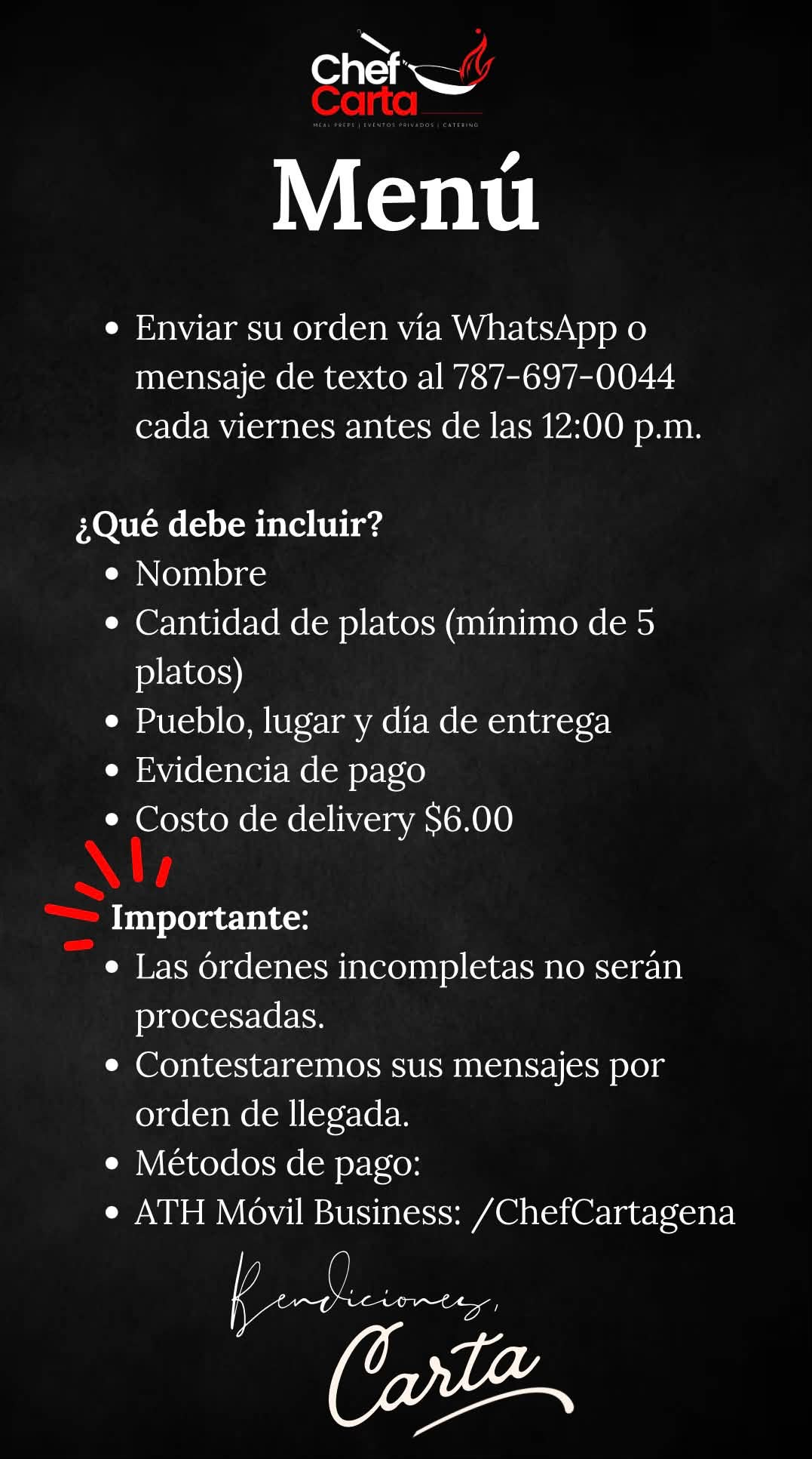 Instrucciones para ordenar el menú de Chef Carta