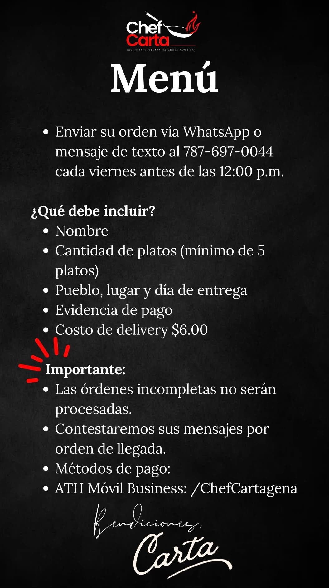 Instrucciones para ordenar el menú de Chef Carta