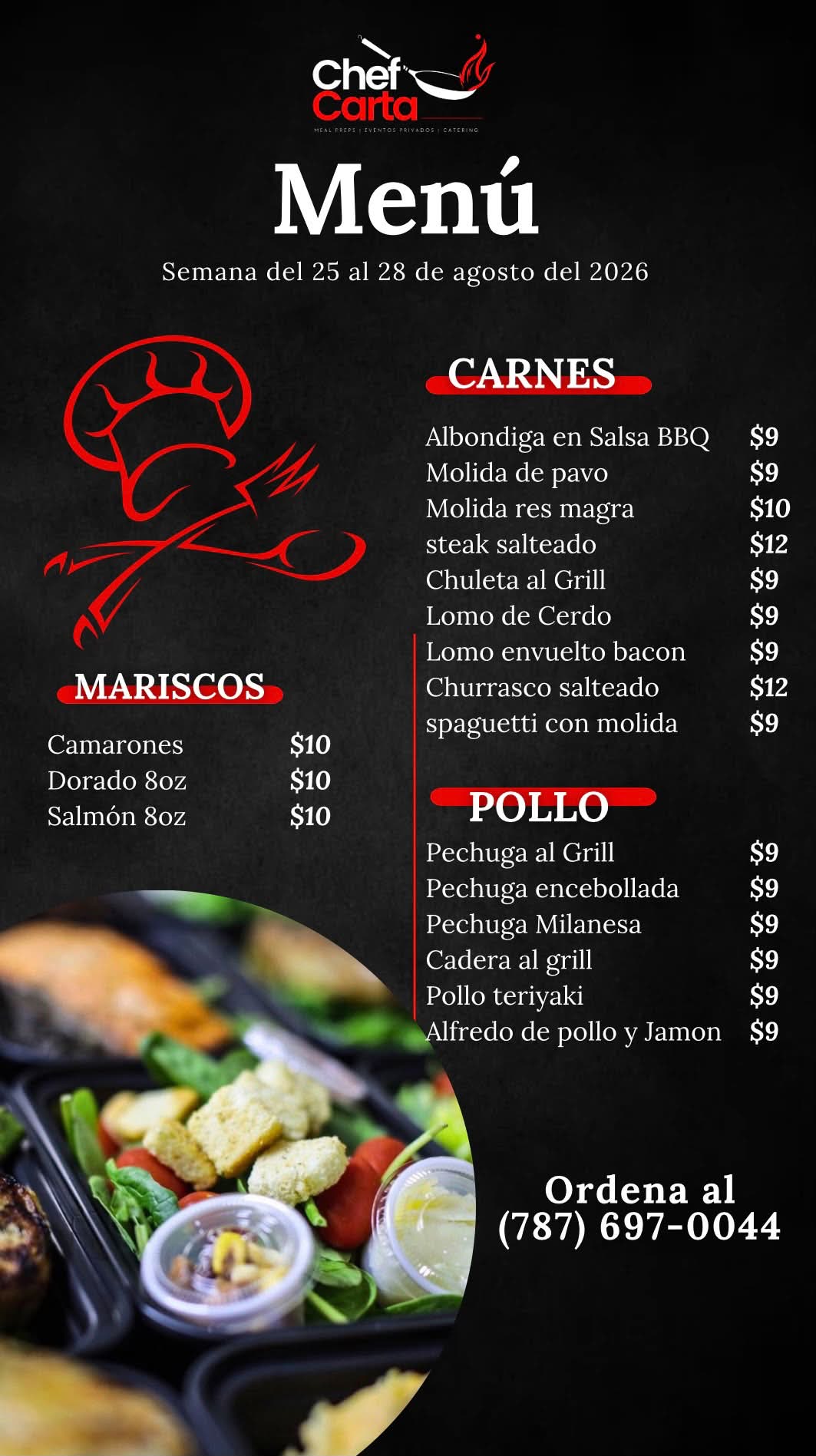 Carnes, pollo y mariscos del menú de Chef Carta