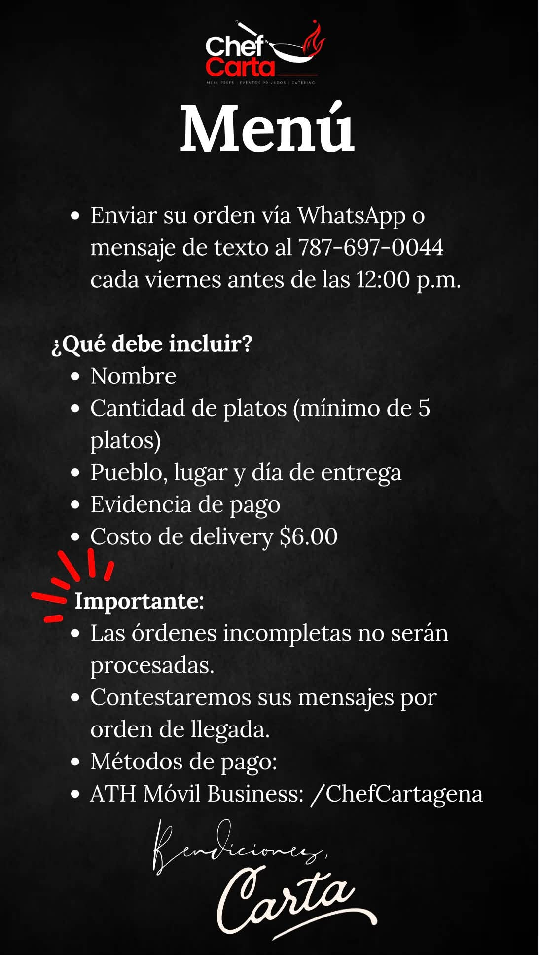 Instrucciones para ordenar el menú de Chef Carta