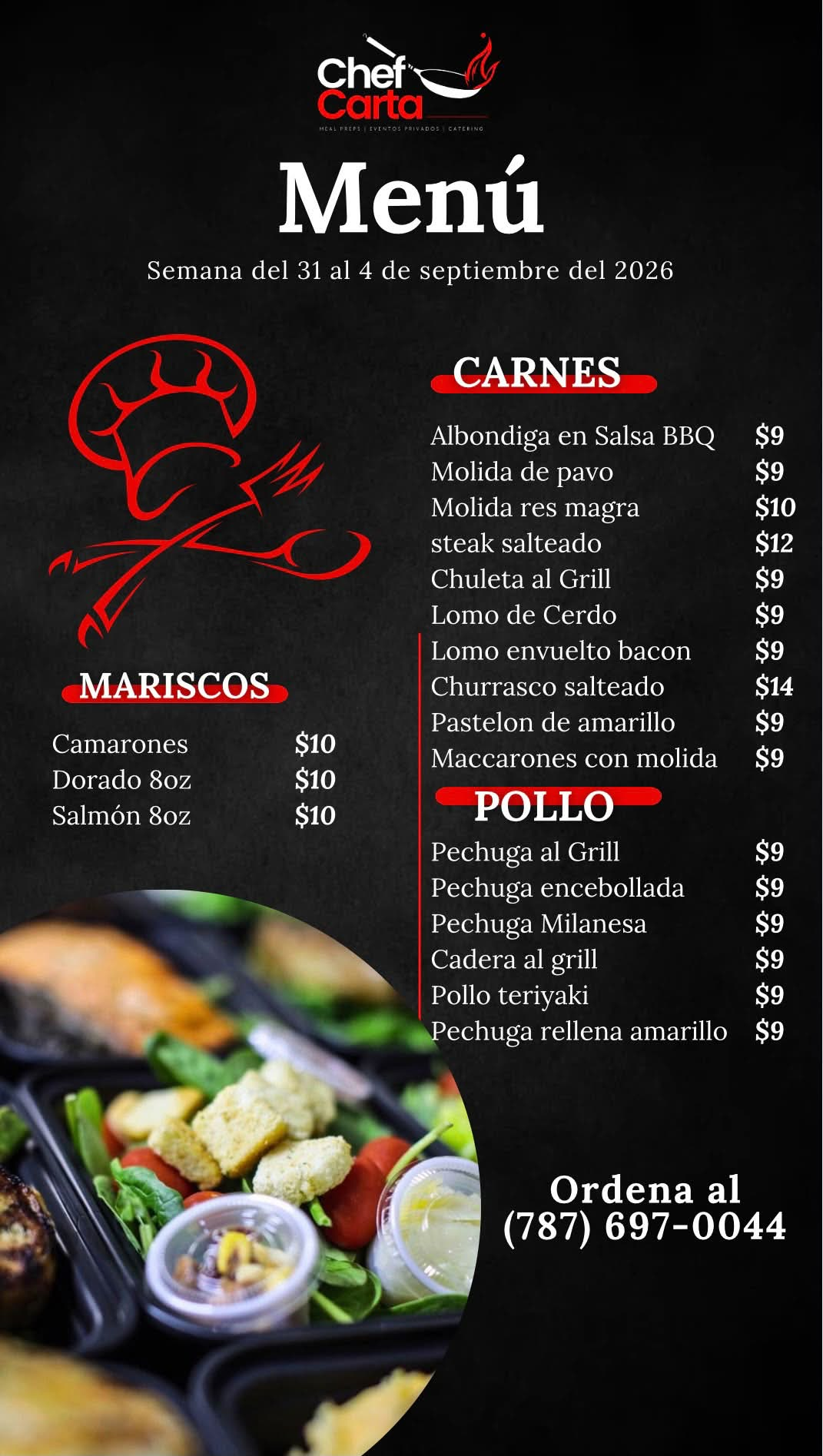 Carnes, pollo y mariscos del menú de Chef Carta