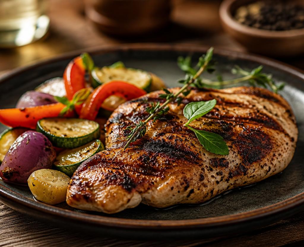 Pollo asado con vegetales salteados